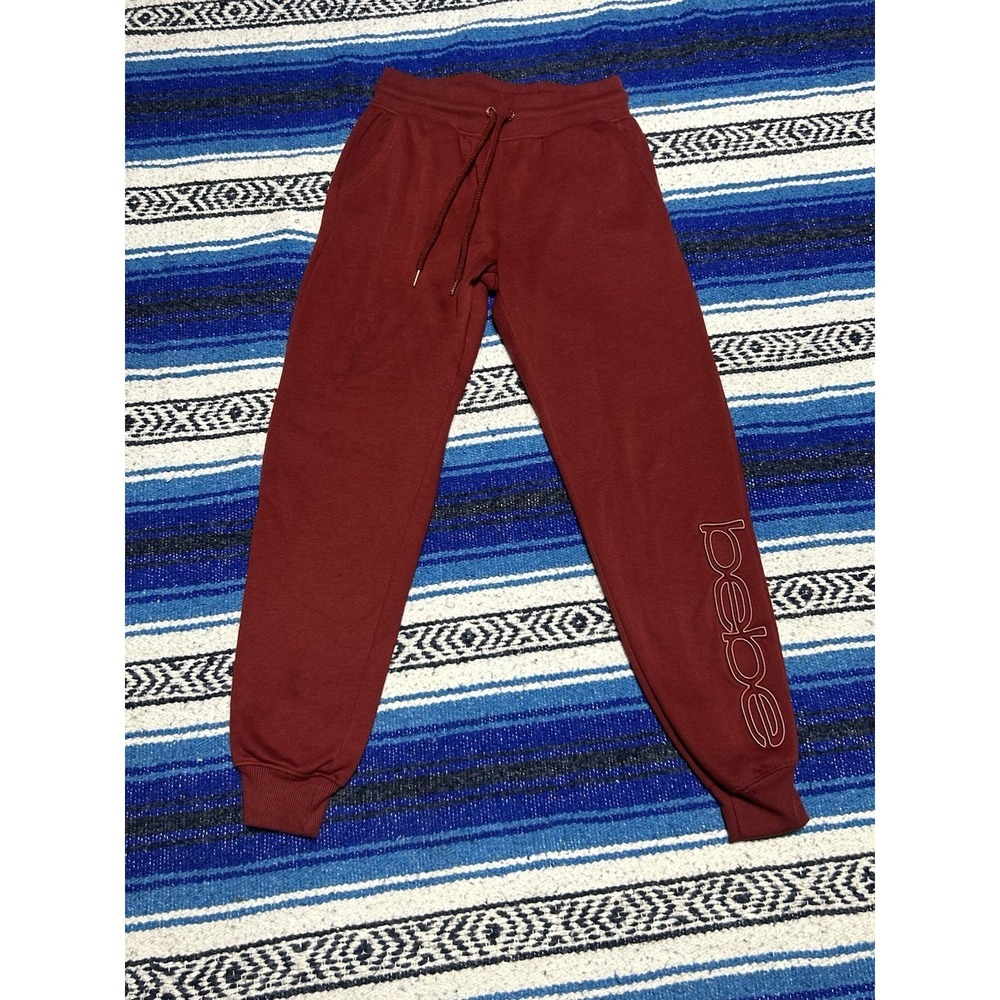 bebe Sport Jogger Sweatpants Womens Small Burgundy Logo Lounge Pants Embroidered
